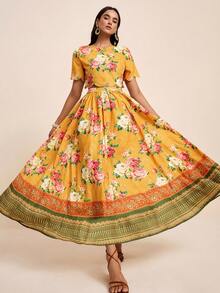 SURIMA Women's Summer Vacation Yellow Floral Print Placement Border Round Neck Ruffle Top And Placement Print Skirt 2-Piece Set Elegant Bohemian Boho Chic - Yellow - View 4