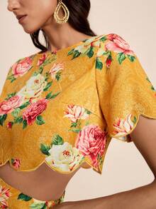 SURIMA Women's Summer Vacation Yellow Floral Print Placement Border Round Neck Ruffle Top And Placement Print Skirt 2-Piece Set Elegant Bohemian Boho Chic - Yellow - View 8