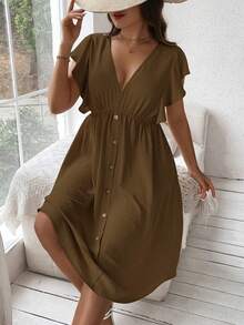 Vionelle Vestido con botones y volantes talla grande - Café integral - Ver 6