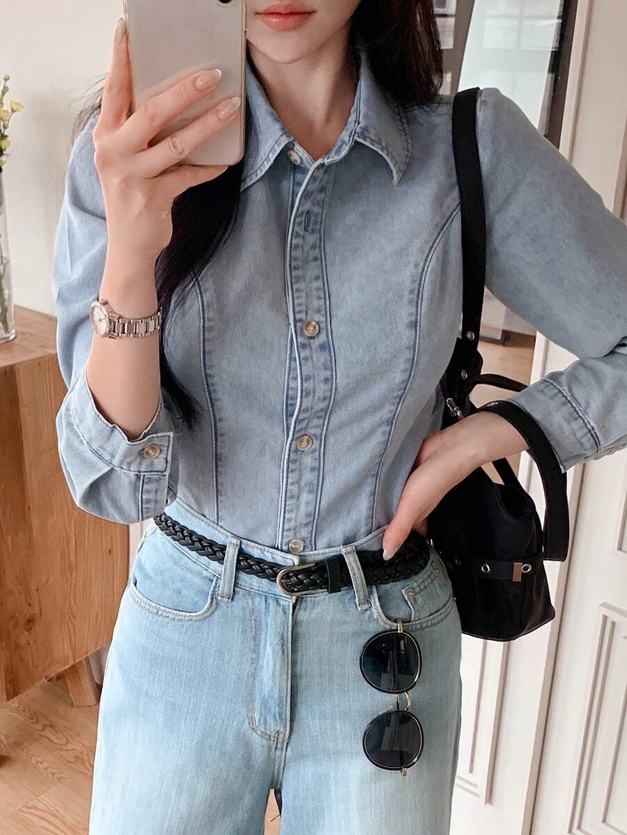 DAZY Light Wash Blue Collared Pocket Loose Long Sleeve Denim Shirt Spring Summer Autumn - Blue - View 1