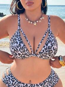 Swim SXY 大尺碼女款純色性感比基尼上衣，適合夏季海灘派對穿著，粉色豹紋印花 - 彩色 - 查看 3