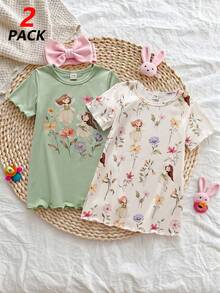 SHEIN Vintaside Kids 春夏季綠色可愛仙女圖案女嬰睡衣套裝，2件組，短袖搭配荷葉邊袖口與下擺 - 綠色 - 查看 6