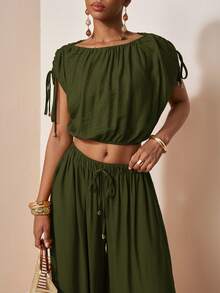 Zivah Women's Solid Color Pleated Top And Lantern Pants Casual Daily Set - Army Green - View 13