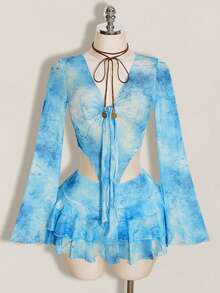 SHEIN ICON Vintage Distressed Print Open Front Mesh Top & Layered Hem Skirt Women's 2 Pieces Set - Blue - View 2