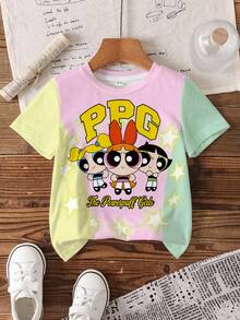 THE POWERPUFF GIRLS X SHEIN Young Girl Color Block Patchwork Cartoon Print T-Shirt - White - View 3