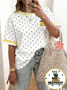 EMERY ROSE French Fresh Polka Dot Lemon Round Neck Plus Size T-Shirt Vacation White Summer Cute - Multicolor - View 1