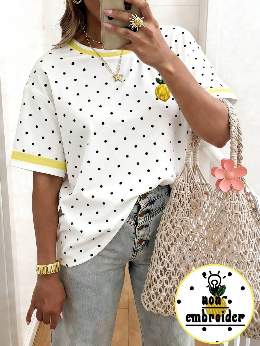 EMERY ROSE French Fresh Polka Dot Lemon Round Neck Plus Size T-Shirt Vacation White Summer Cute - Multicolor - View 1