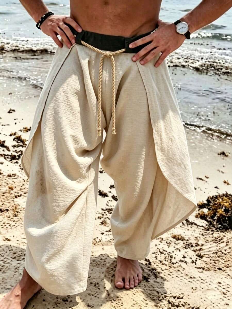 VENTUSAIL Pantalones largos de estilo vacacional de primavera/verano para hombres, tela ligera con cinturón de color contrastante y detalle de cuerda, pantalones largos casuales de estilo vacacional maduro - Beis - Ver 1