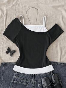 Teen Girl Teen Girls Casual Retro Print 2 In 1 Patchwork Short Sleeve T-Shirt - Black and White - View 2