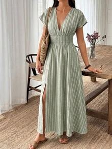 Elouméa 女款標準尺寸春夏深色抽褶單袖抽腰A字條紋梭織面料休閒度假洋裝 - 軍綠色 - 查看 4