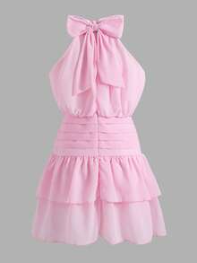 Teen Girls' Sophisticated Pink Halter Neck Chiffon Mini Dress, Ruched Waist & Ruffle Hem Detail, Unique Fairy Short Dress For Daily & Party Wear - Pink - View 2