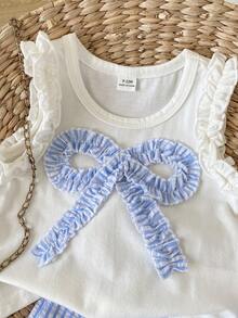 SHEIN Baby Girl Bow Decor Tank Top & Striped Shorts Set - Blue and White - View 9