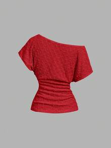 SHEIN MOD Spring Summer Casual Versatile Asymmetric Shoulder Ruched T-Shirt - Red - View 2