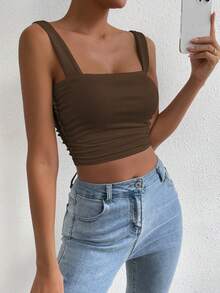 Allurite Enfärgad plisserad lös ärmlös topp, sommarbrun Crop Top - Kaffebrun - Visa 5