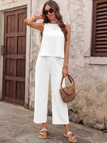EMERY ROSE Women's Solid Color Round Neck Top And Long Pants Casual Daily 2 Pieces Set Vacation White Summer - White - View 5