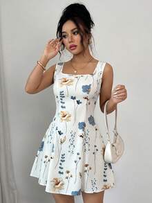 Rafferiza Ditsy Floral Print Square Neck Tie Waist A-Line Sleeveless Women's Dress - White - View 5