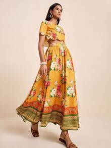 SURIMA Women's Summer Vacation Yellow Floral Print Placement Border Round Neck Ruffle Top And Placement Print Skirt 2-Piece Set Elegant Bohemian Boho Chic - Yellow - View 7