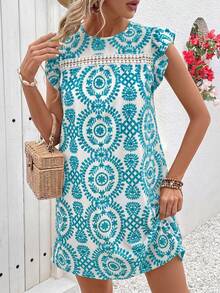 Vivid Eden Women's Round Neck Cap Sleeve Floral Lace Patchwork A-Line Casual Vacation Dress - Green - View 5