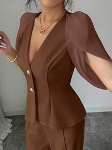 SHEIN Clasi Conjunto 2 Peças Primavera/Verão Blusa de Chiffon Damasco Manga Curta Cintura Definida Decote em V Frente Aberta & Calça Reta, Look Elegante Francês Versátil para Trabalho para Mulheres - Café - Visão 7