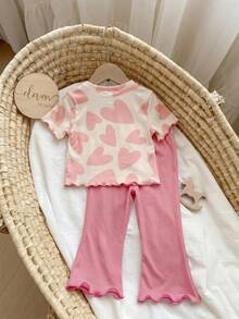 Baby Girls Pink Heart Print Love Ruffled Tee And Bell Bottom Pants Set For Summer - Pink - View 6