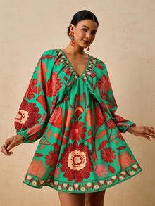 Travachic Vestido mini de manga larga con cuello en V y estampado para mujer talla grande, adecuado para vacaciones estilo bohemio, estampado floral pequeño verde y varias ocasiones incluyendo Año Nuevo, fiesta de Navidad, Acción de Gracias, fiesta elegante, boda, etc. - Verde - Ver 1