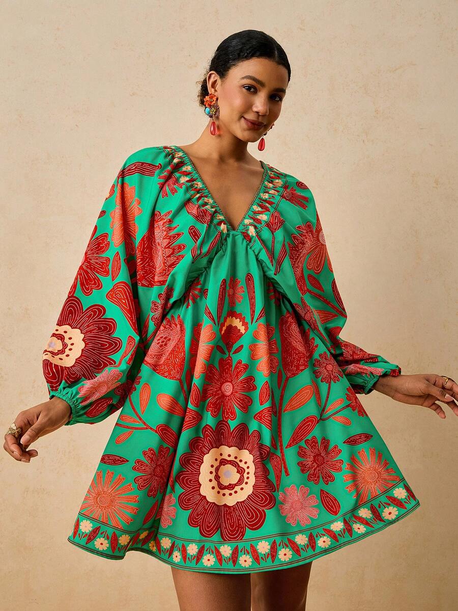 Travachic Vestido mini de manga larga con cuello en V y estampado para mujer talla grande, adecuado para vacaciones estilo bohemio, estampado floral pequeño verde y varias ocasiones incluyendo Año Nuevo, fiesta de Navidad, Acción de Gracias, fiesta elegante, boda, etc. - Verde - Ver 1