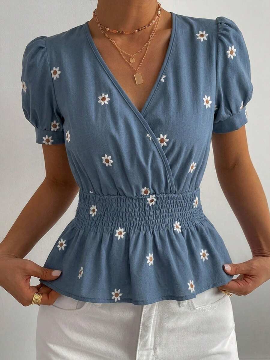 DAZY 女款夏季度假風花卉刺繡滿版印花細肩帶簡約性感休閒背心上衣 - 藍色 - 查看 1