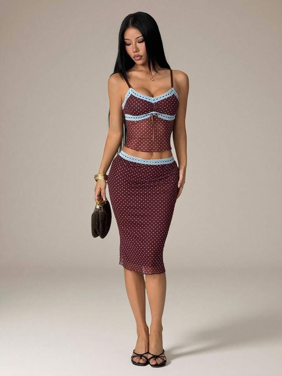 SHEIN PETITE Women's Lace Trim V-Neck Brown & Blue Polka Dot Contrast Color Camisole Top And Ruffle Hem Mid-Length Tea-Length Skirt Set, Spring/Summer - Brown - View 1