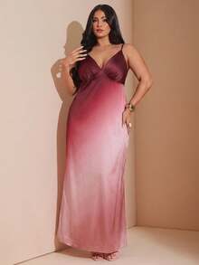 SHEIN BAE 大尺碼女款春夏多色漸層超長版馬克西長洋裝，緞面細肩帶吊帶洋裝，適合下午茶、派對、海灘度假、返校季 - 彩色 - 查看 6