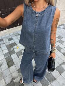 DAZY 女款寬鬆休閒無袖上衣與直筒牛仔褲套裝，適合春夏季 - 藍色 - 查看 6