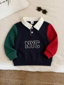 SHEIN 男女宝宝撞色拼接长袖POLO衫，舒适休闲时尚，适合日常穿着，室内、室外、滑雪、运动、派对、拍照、节日、圣诞节、新年、秋冬季等场合。 - 藏蓝色 - 查看 1