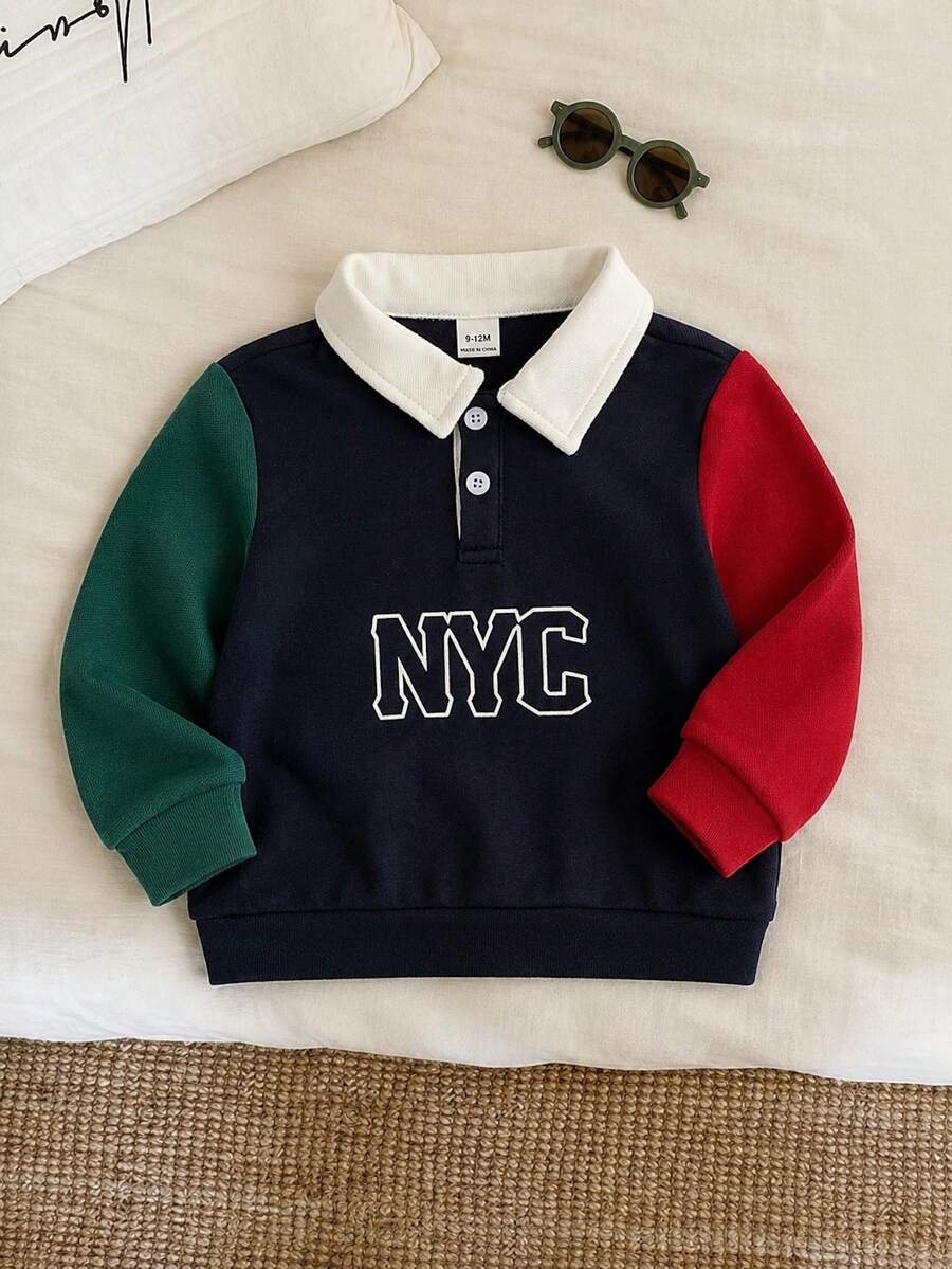 SHEIN 男女宝宝撞色拼接长袖POLO衫,舒适休闲时尚,适合日常穿着,室内、室外、滑雪、运动、派对、拍照、节日、圣诞节、新年、秋冬季等场合。 - 藏蓝色 - 查看 1
