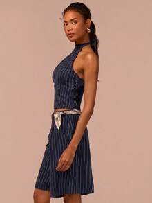 COSMINA Halter Neck Tie Top And Knee Length Shorts Set, Striped Two Pieces Set, Elegant Commuter Women's Set, Apricot Set, Suitable For Office Wear, Street Style Wear, Fashionable Matching Set, Summer Women's Set - Navy Blue - View 4