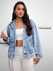 Front Button Long Sleeve Pocket Casual Denim Jacket - Light Wash - View 3