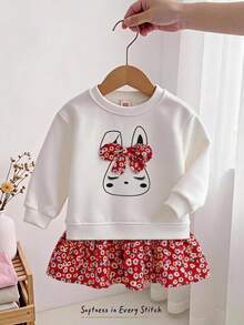 Cozy Pixies Baby Girl Cartoon Rabbit Pattern 3D Bow Decor Knitted Soft 2 In 1 Round Neck Long Sleeve Floral Patchwork Autumn Dress - Multicolor - View 3
