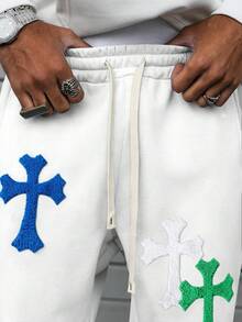 PAVTROS Men's Casual Loose Fit Cross Embroidery Sweatpants - White - View 2