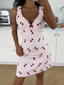 Striped Heart Print V-Neck Ruffle Decor With Bow Women's Nightgown - Burgundy - View 4