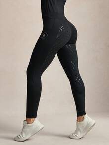 Activina 女款字母印花高腰馬術褲 - 黑色 - 查看 3