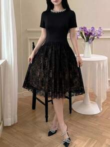 Feyla Women's Faux Pearl Decorated Round Neck Short Sleeve Lace Hem Elegant Modest Short Dress Party Dinner Black Summer - Black - View 5