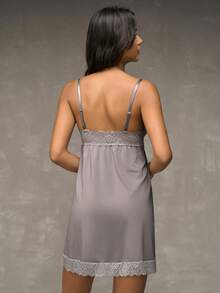 Wedaily 2pcs Lace Patchwork Big Bow Deep V Comfortable Daily Sleeping Women's Nightgown Grey Black Summer Elegant - Multicolor - View 3