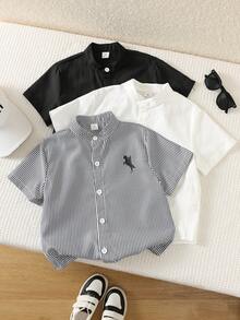 SHEIN 買2送1 3件組 少年男孩童裝休閒日常百搭時尚條紋立領短袖梭織襯衫上衣多件套裝，適合春夏季，適合日常穿著，適合運動，適合出遊，適合校園，適合派對，適合節慶，適合表演，適合拍照，適合開學季 - 彩色 - 查看 5