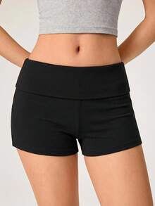 SHEIN BASICS Shorts de punto acanalado de unicolor casual para mujer, atuendo de verano para mujer - Negro - Ver 5