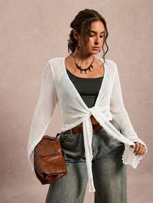 Freevana Plus Size Women's Solid Color Long Sleeve Front Tie Cardigan Fall - White - View 5
