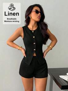 SHEIN PETITE 女款收腰套裝，優雅休閒，適合嬌小女性 - 黑色 - 查看 6