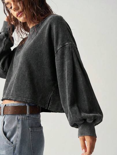 Bohemela Women's Casual Solid Color Knit Crew Neck Loose Fit Long Sleeve Sweatshirt