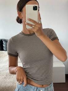 DAZY Women's Summer Casual Striped Short Sleeve Fitted T-Shirt - Coffee Brown - View 9