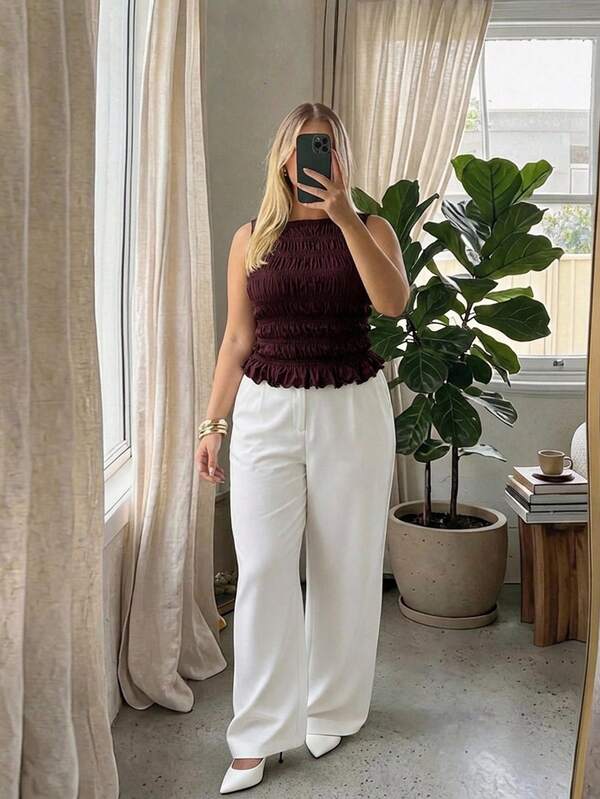 Auralis Blusa de uso diario versátil y casual con pliegues en unicolor para mujer de talla grande
