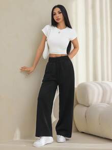SHEIN PETITE 2026女款春夏黑色復古美式風腰帶繫帶長褲，適合通勤、派對、休閒穿著及其他場合 - 黑色 - 查看 5