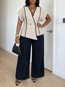 Veslaya Conjunto casual de uso diario para mujer de talla grande con top de cuello en V con bloques de color y pantalones de pierna ancha - Albaricoque - Ver 5