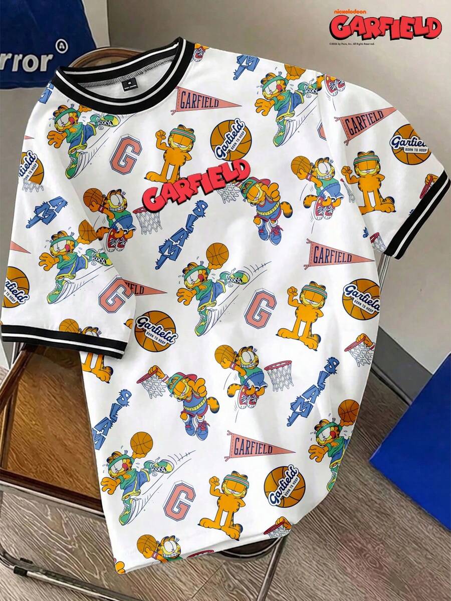 GARFIELD | SHEIN Manfinity Joysei 男士圆领撞色滚边卡通字母印花短袖T恤 - 白色 - 查看 1